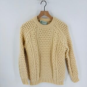 Malinmore Pure New Wool Cream Cable Knit Aran Sweater Women Handloomed Ireland